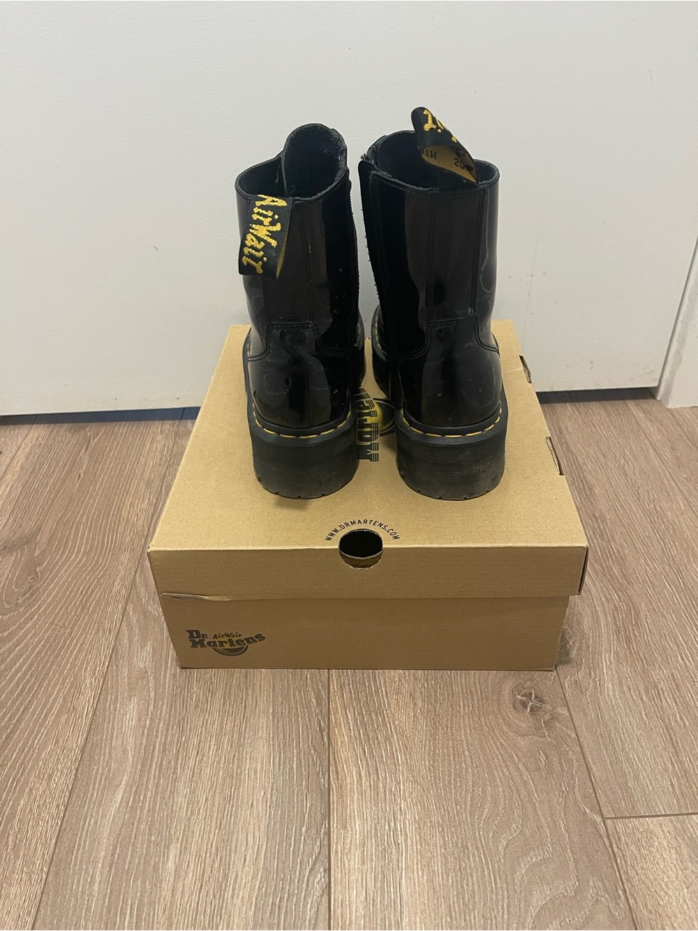 Dr. Martens Black Patent Platform Lace-Up Boots with Yellow Welt - Picture 2 of 4
